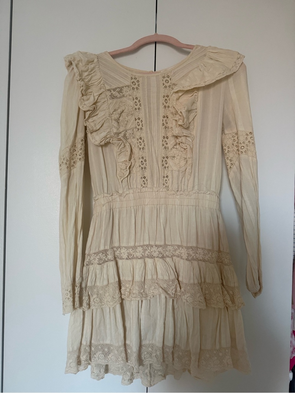 LoveShackFancy Cream Ruffled Lace Mini Dress